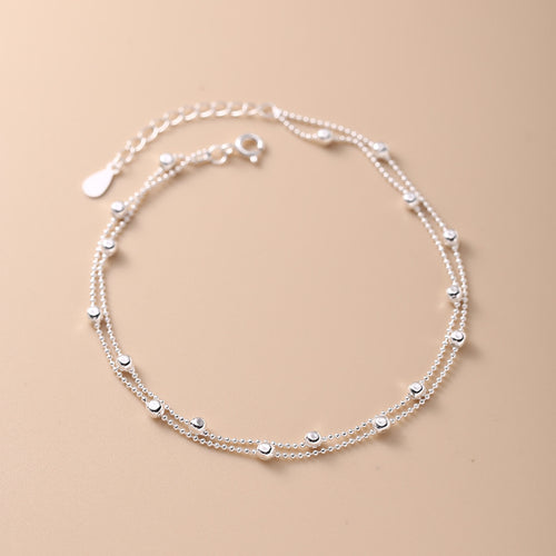 925 Sterling Silver Interval Round Beads Double-circle Anklet Female